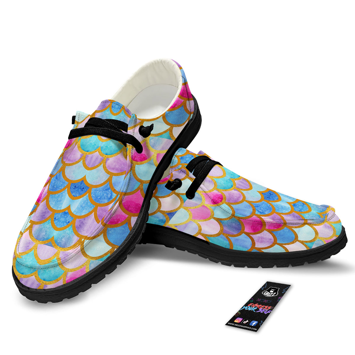 Mermaid Colorful Print Pattern Black Loafers-grizzshop