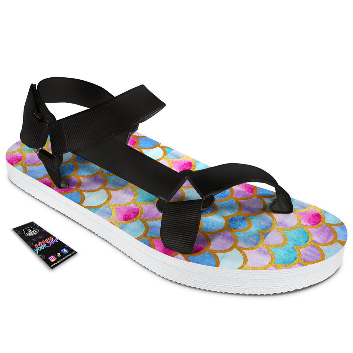 Mermaid Colorful Print Pattern Black Open Toe Sandals-grizzshop