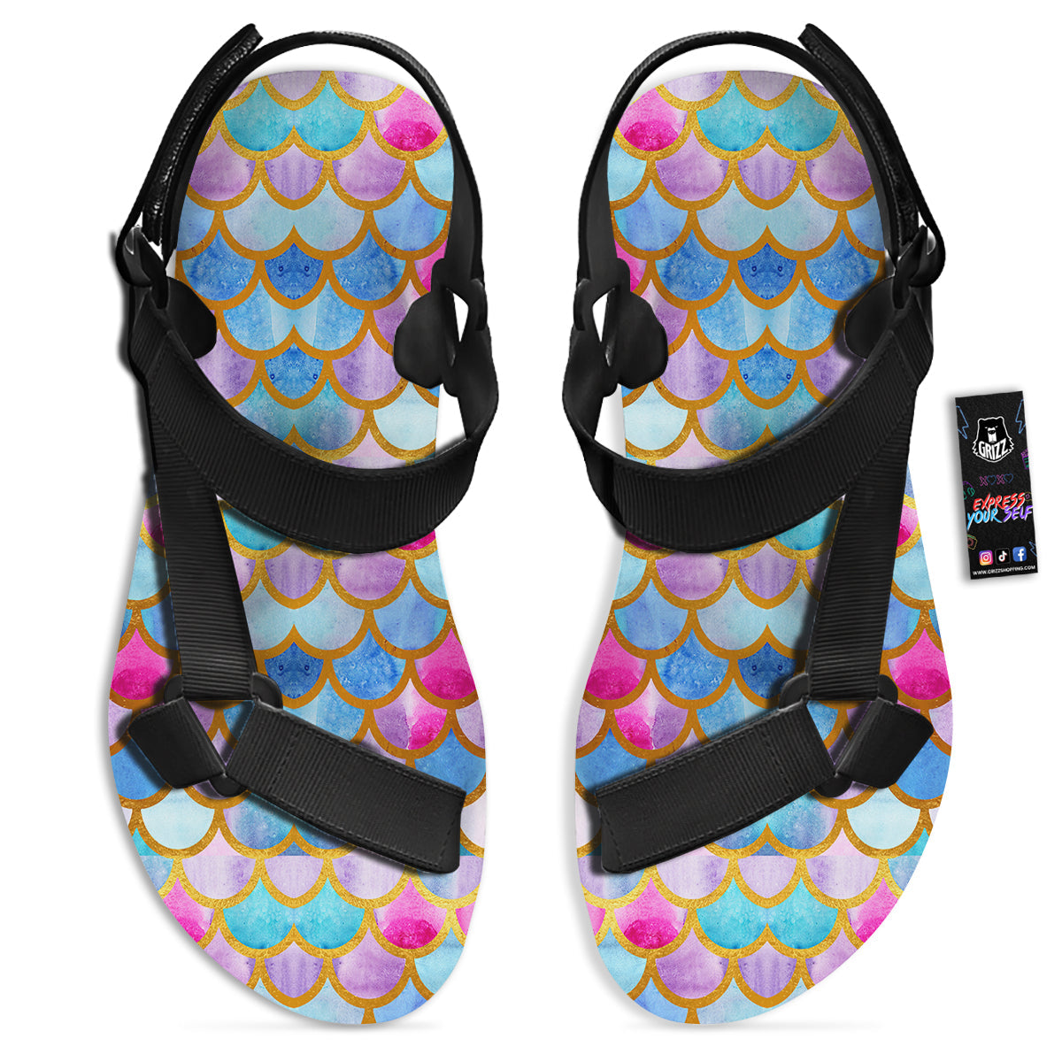 Mermaid Colorful Print Pattern Black Open Toe Sandals-grizzshop