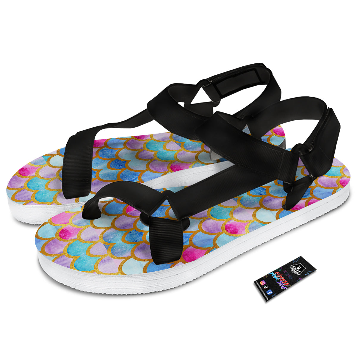 Mermaid Colorful Print Pattern Black Open Toe Sandals-grizzshop
