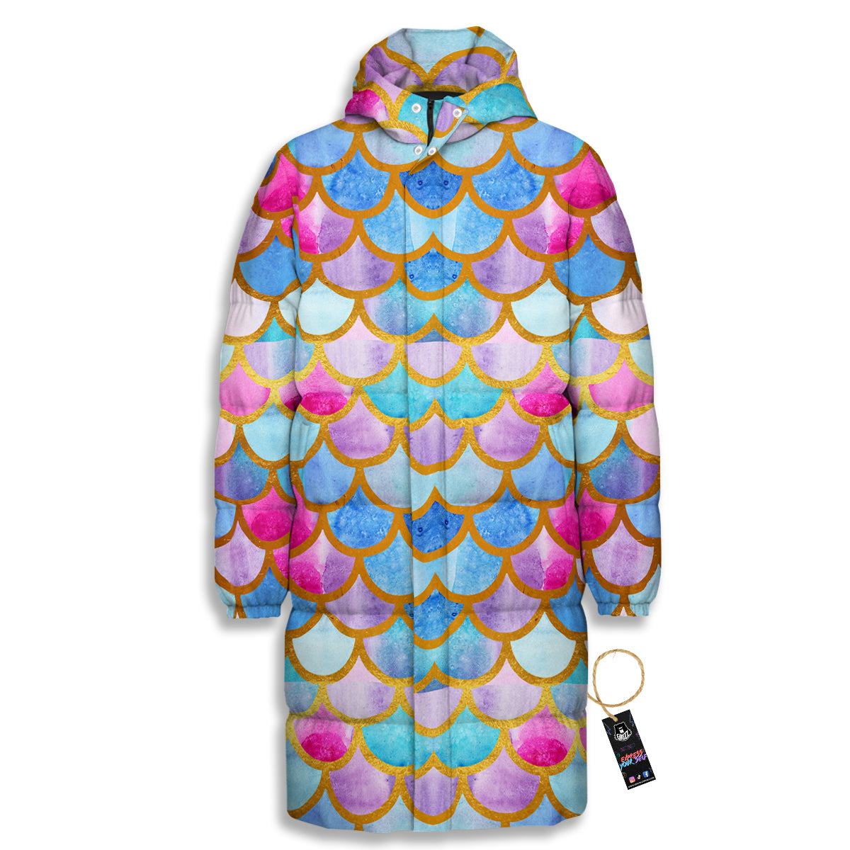 Mermaid Colorful Print Pattern Long Down Jacket-grizzshop