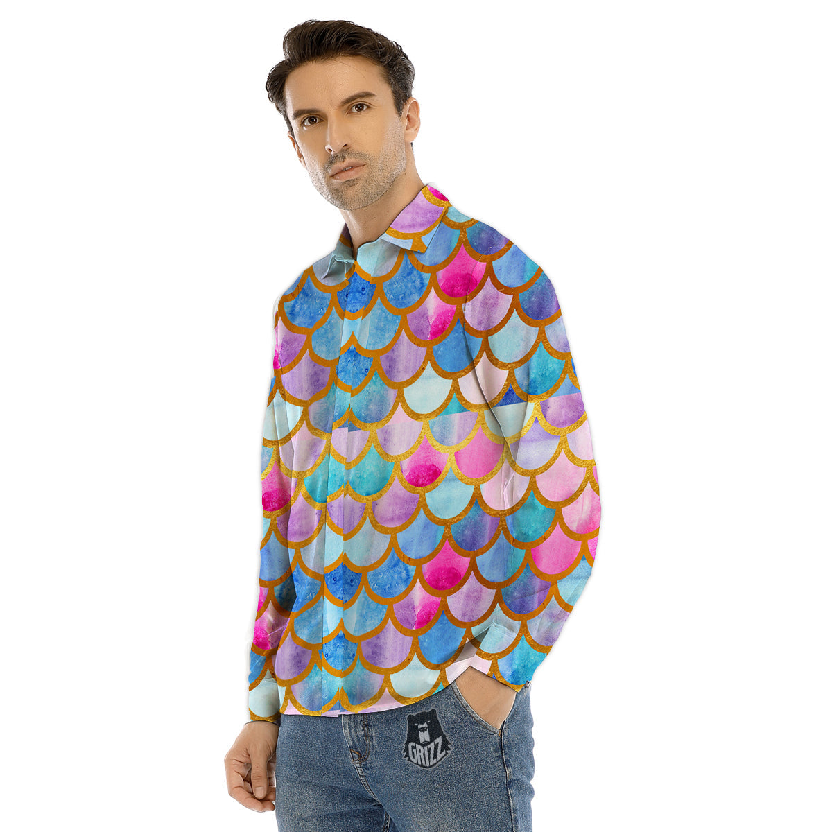 Mermaid Colorful Print Pattern Men's Dress Shirts-grizzshop