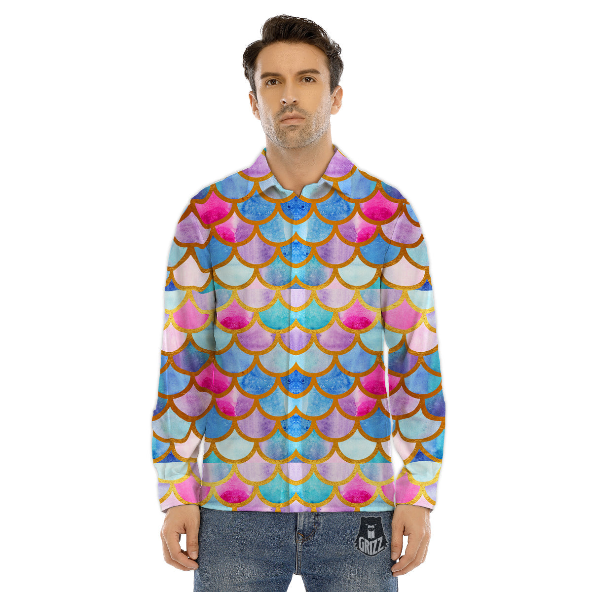 Mermaid Colorful Print Pattern Men's Dress Shirts-grizzshop