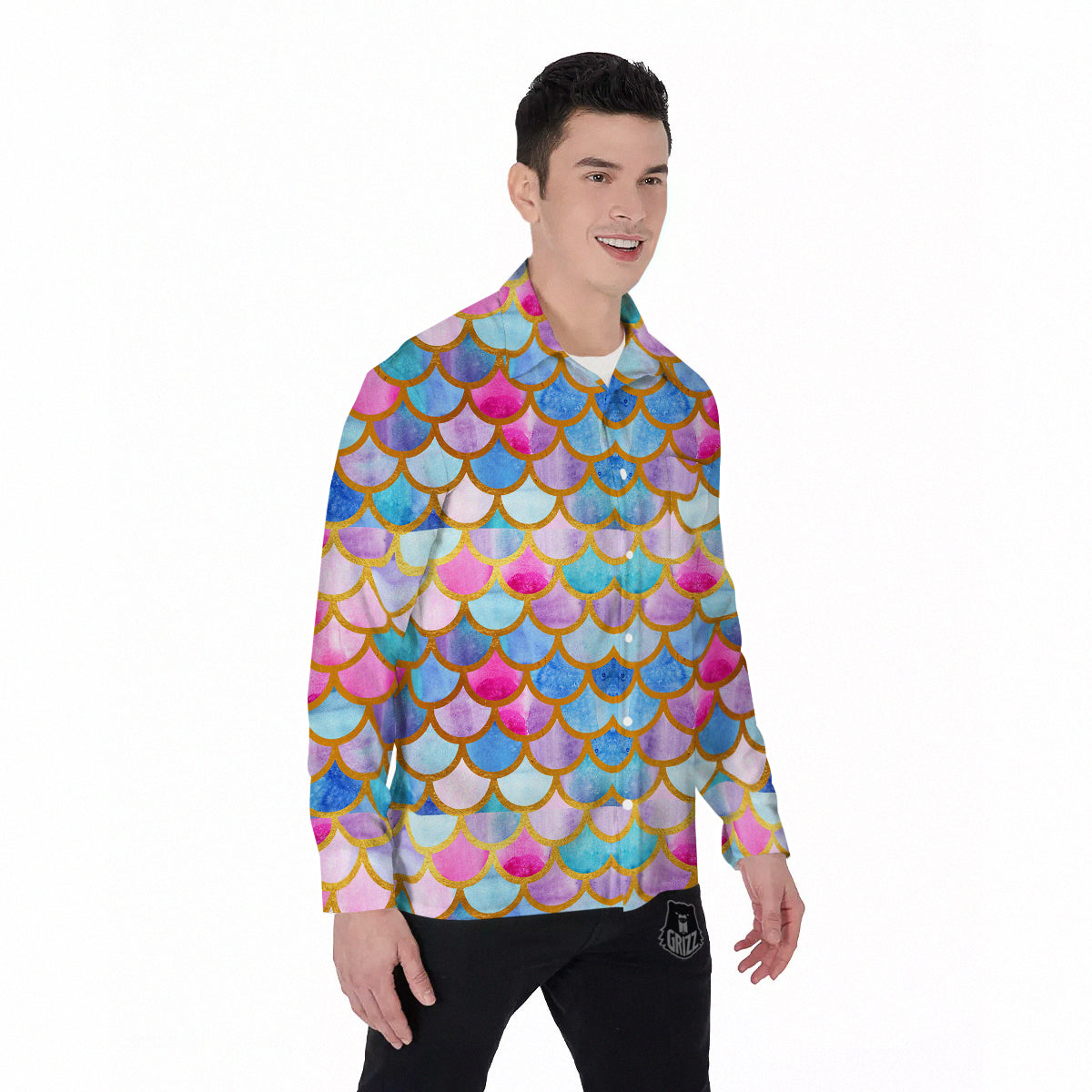 Mermaid Colorful Print Pattern Men's Long Sleeve Shirts-grizzshop