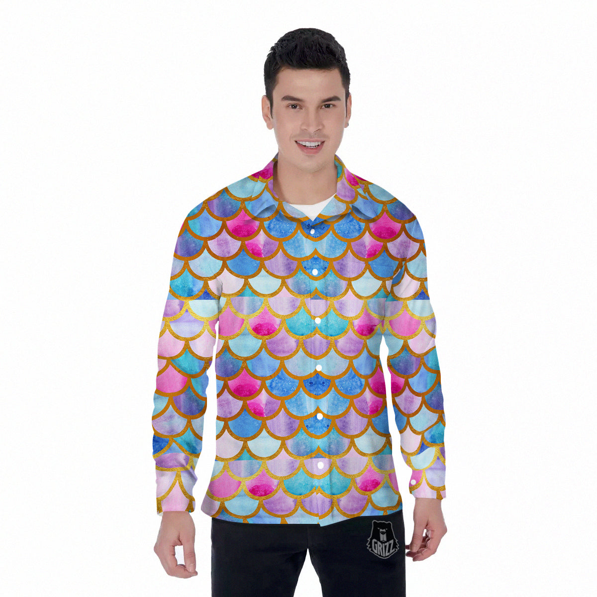 Mermaid Colorful Print Pattern Men's Long Sleeve Shirts-grizzshop