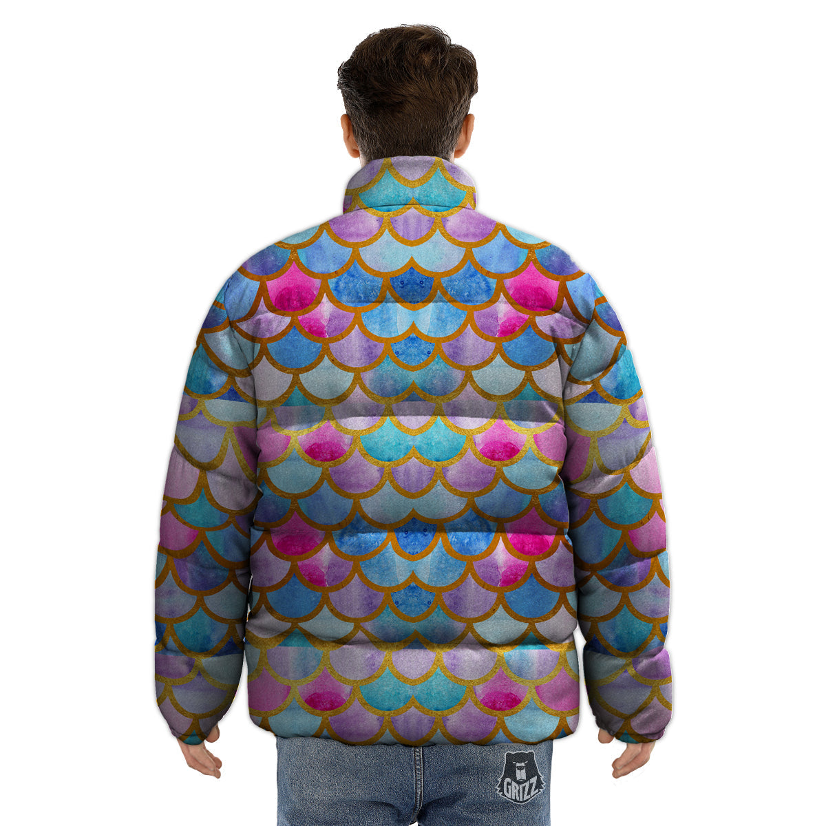 Mermaid Colorful Print Pattern Puffer Jacket-grizzshop