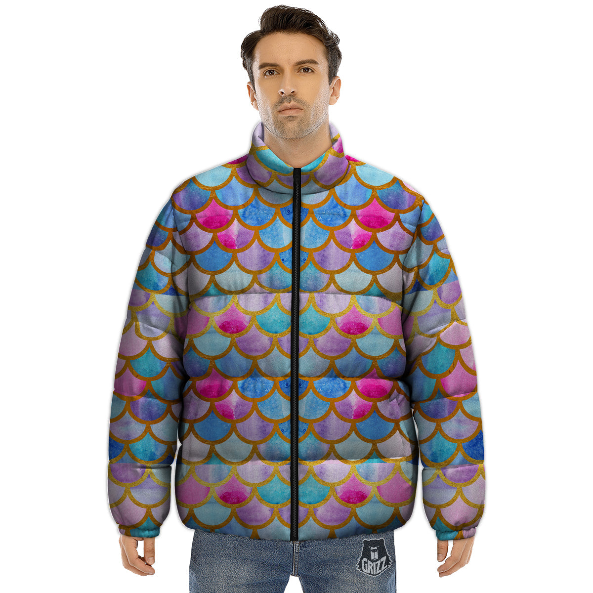 Mermaid Colorful Print Pattern Puffer Jacket-grizzshop
