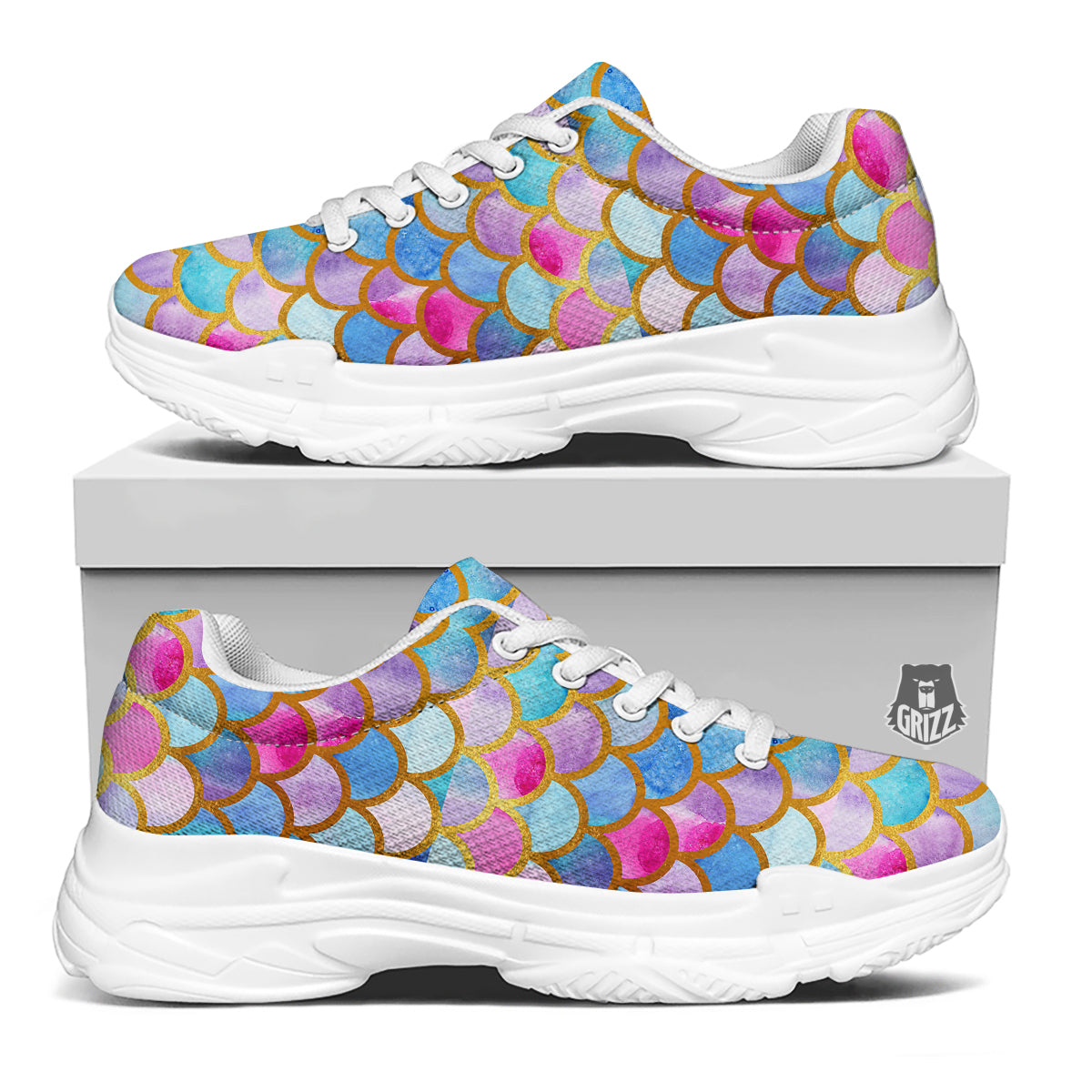Mermaid Colorful Print Pattern White Chunky Shoes-grizzshop
