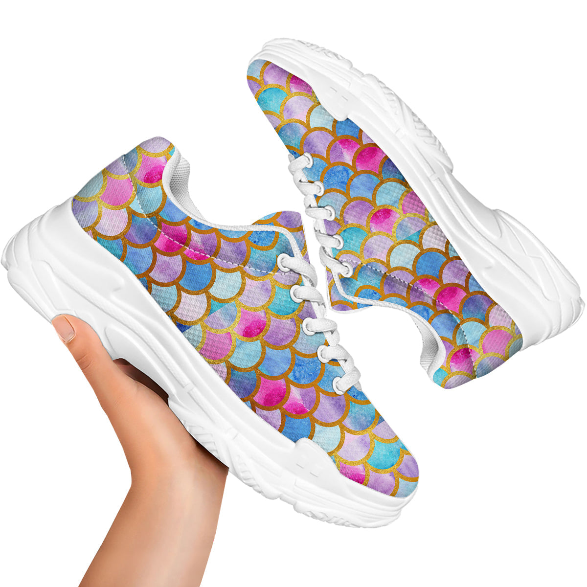 Mermaid Colorful Print Pattern White Chunky Shoes-grizzshop