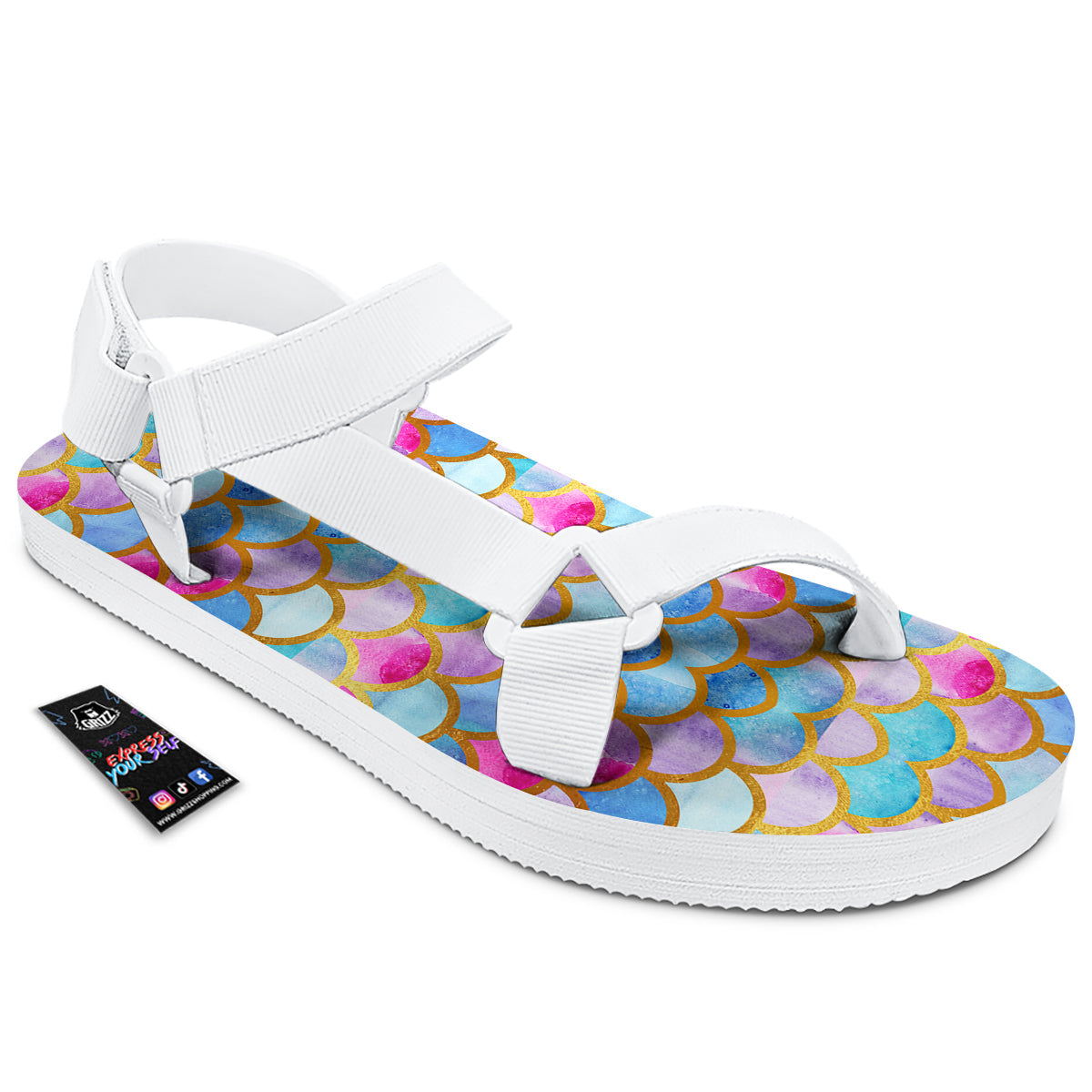 Mermaid Colorful Print Pattern White Open Toe Sandals-grizzshop