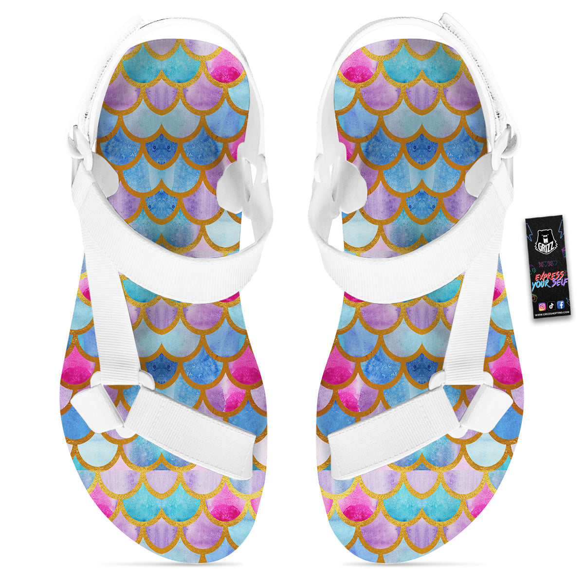 Mermaid Colorful Print Pattern White Open Toe Sandals-grizzshop