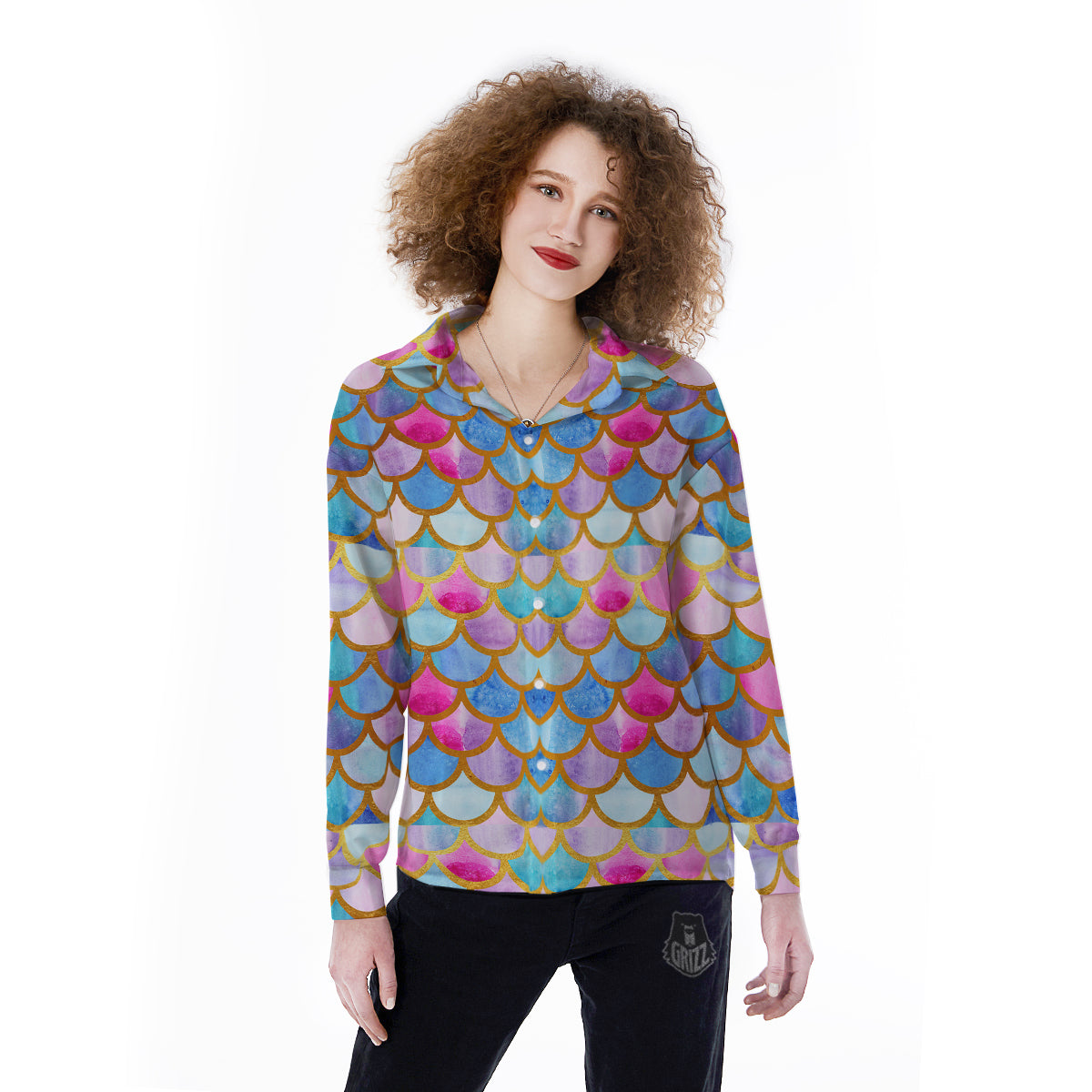 Mermaid Colorful Print Pattern Women's Long Sleeve Shirts-grizzshop