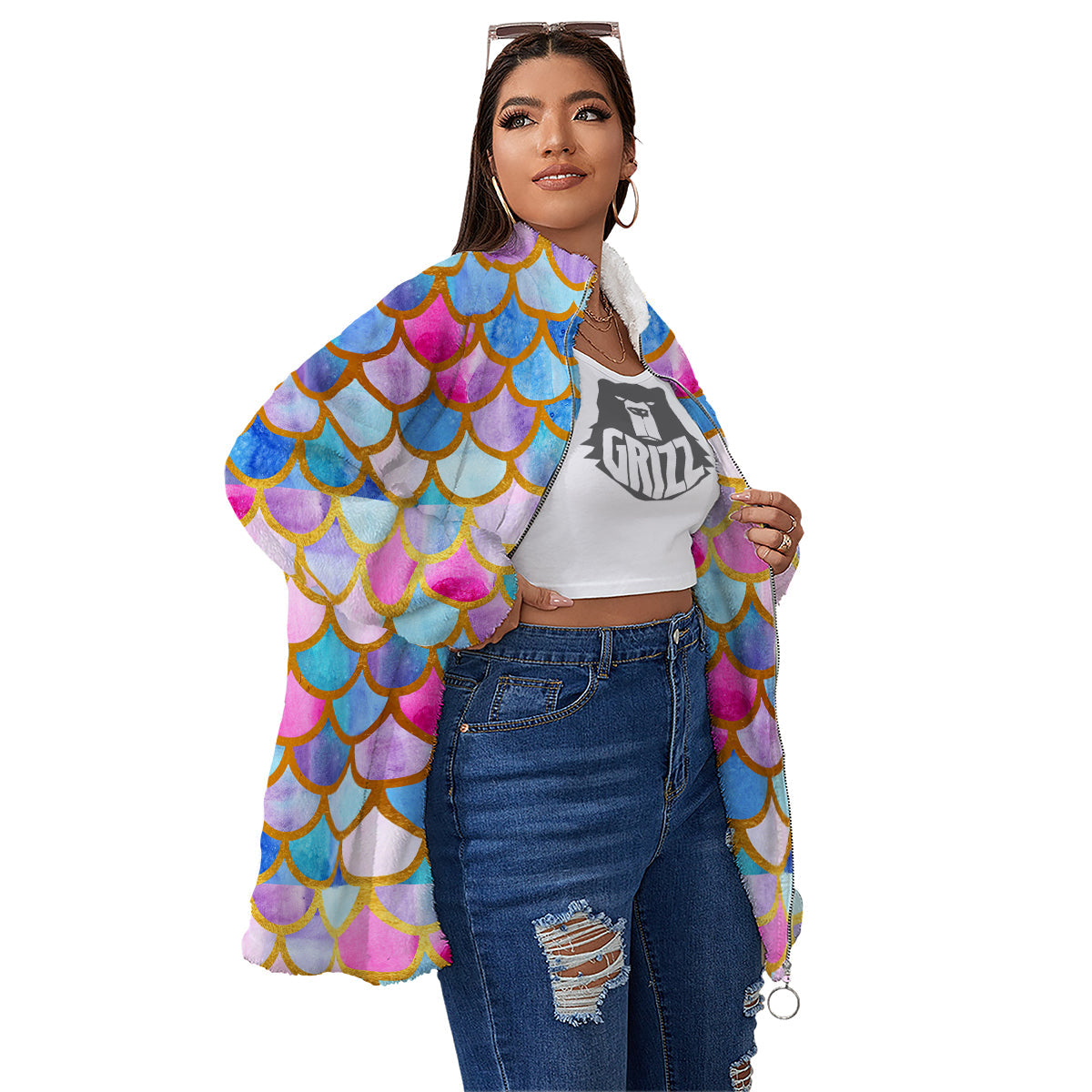 Mermaid Colorful Print Pattern Women's Sherpa Jacket-grizzshop