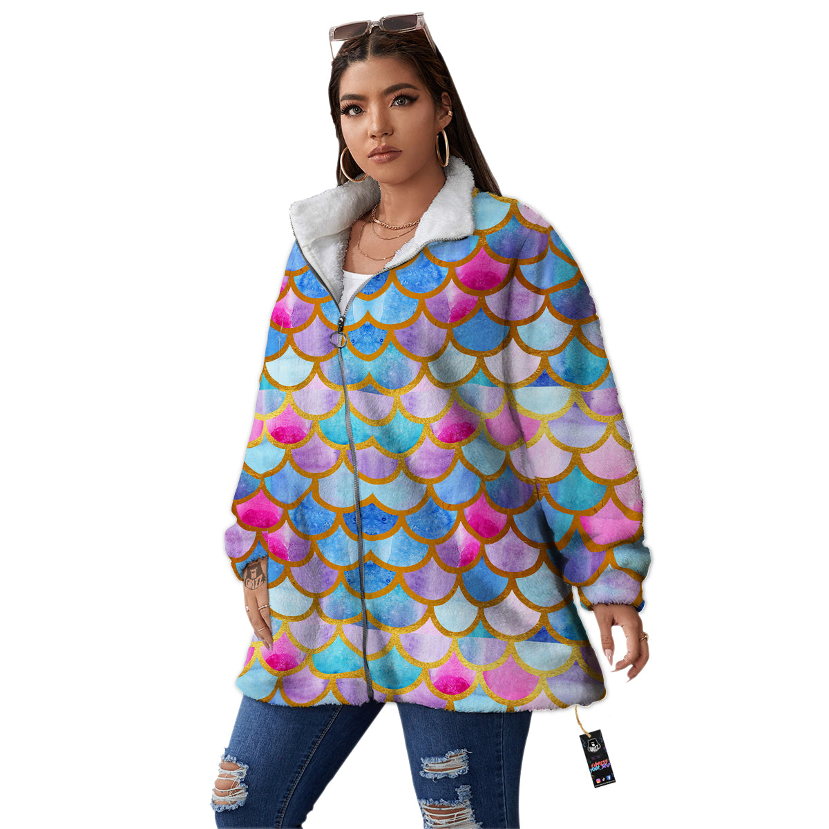 Mermaid Colorful Print Pattern Women's Sherpa Jacket-grizzshop