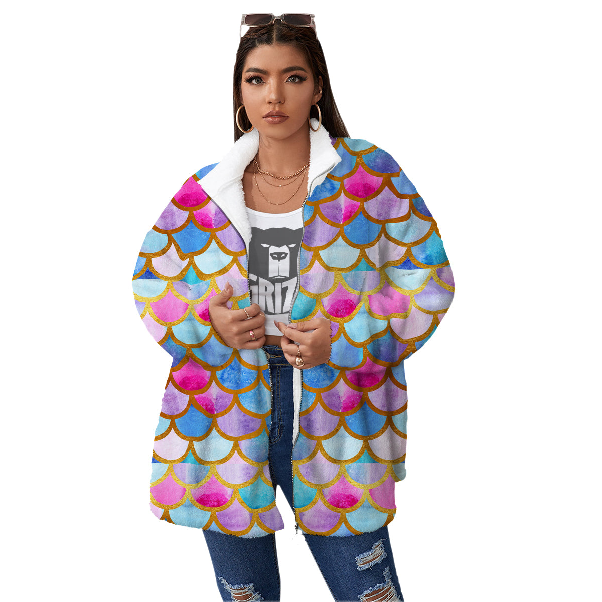 Mermaid Colorful Print Pattern Women's Sherpa Jacket-grizzshop