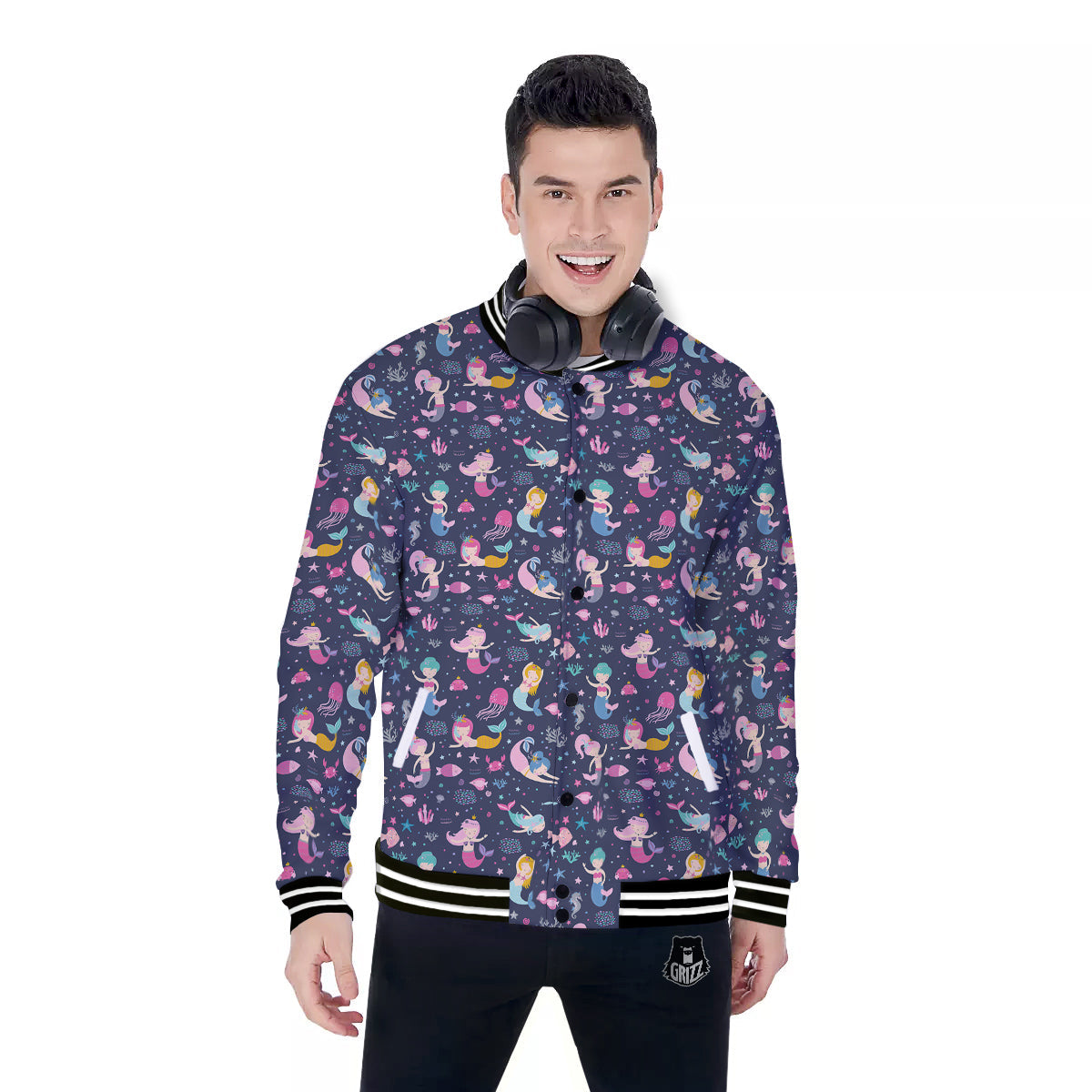 Mermaid Cute Print Pattern Baseball Jacket-grizzshop