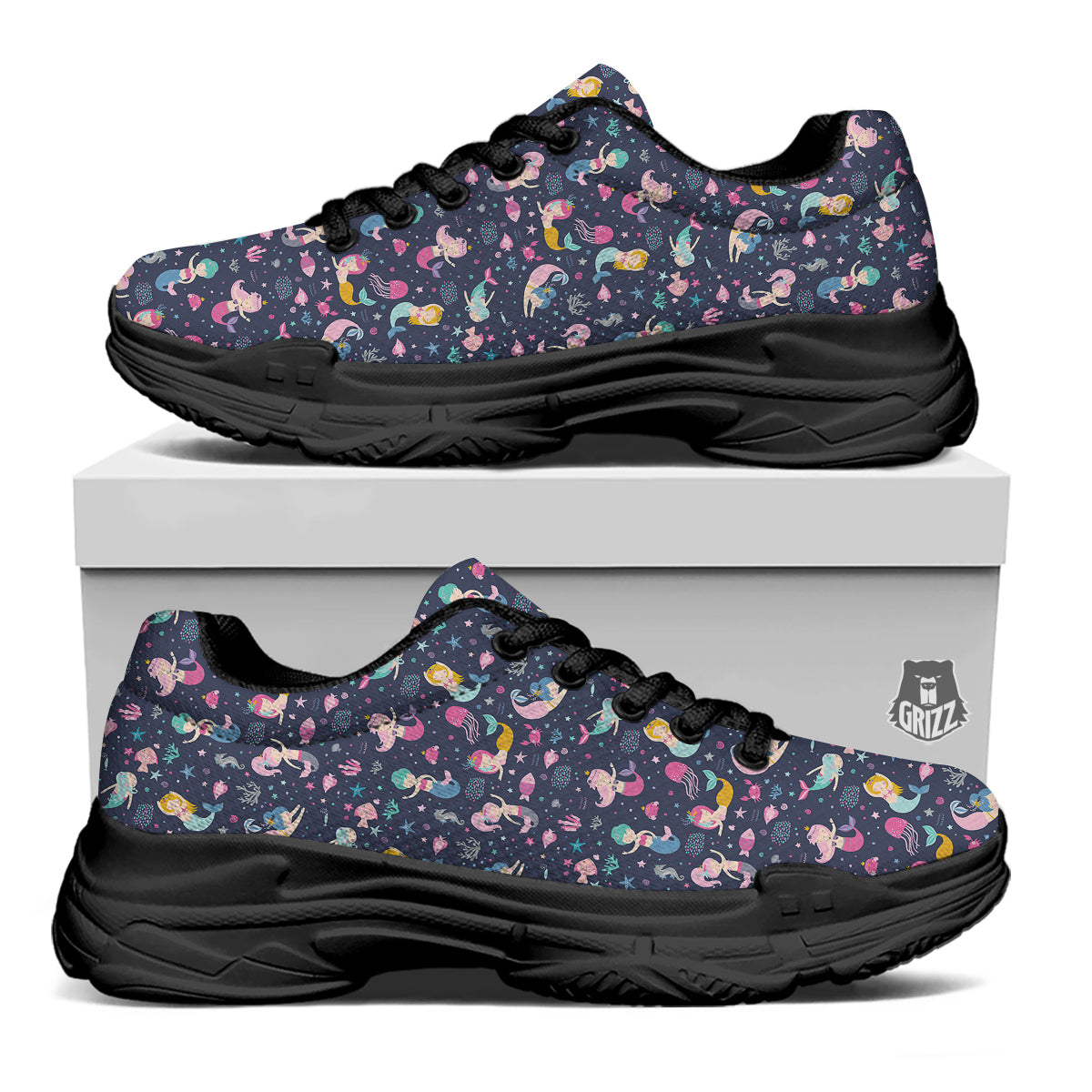 Mermaid Cute Print Pattern Black Chunky Shoes-grizzshop