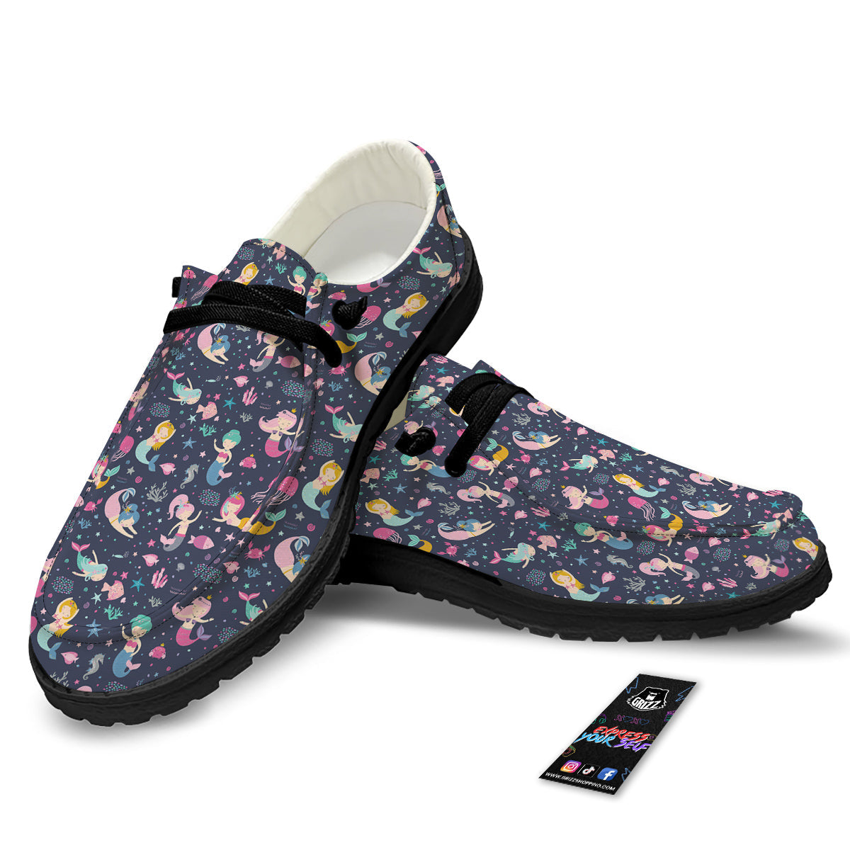 Mermaid Cute Print Pattern Black Loafers-grizzshop