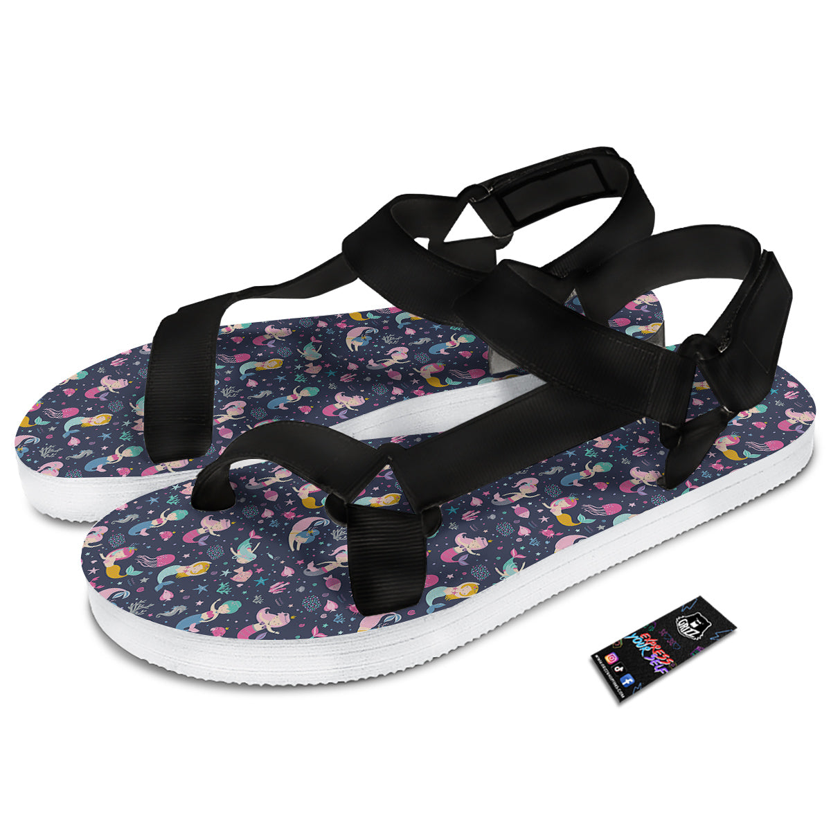 Mermaid Cute Print Pattern Black Open Toe Sandals-grizzshop