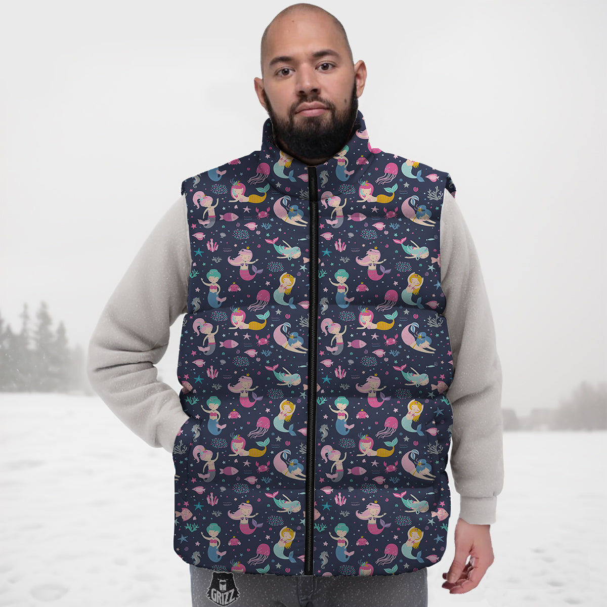 Mermaid Cute Print Pattern Down Vest