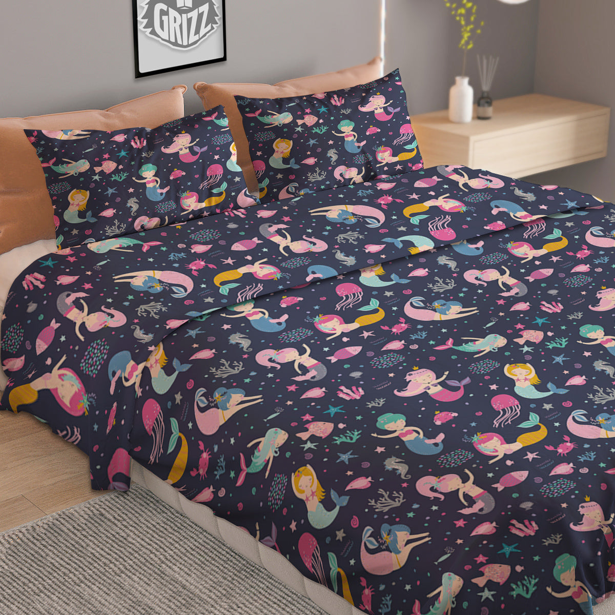 Mermaid Cute Print Pattern Duvet Cover Bedding Set