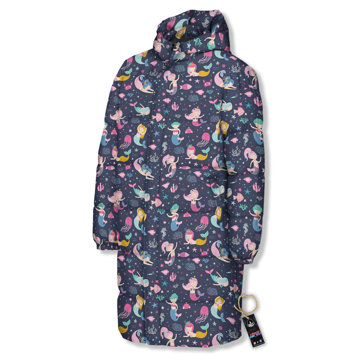 Mermaid Cute Print Pattern Long Down Jacket-grizzshop