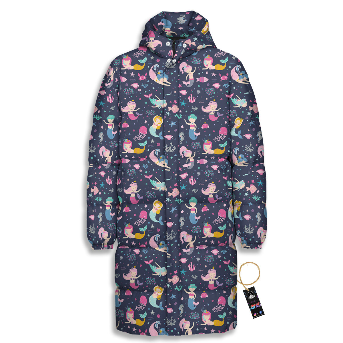 Mermaid Cute Print Pattern Long Down Jacket-grizzshop