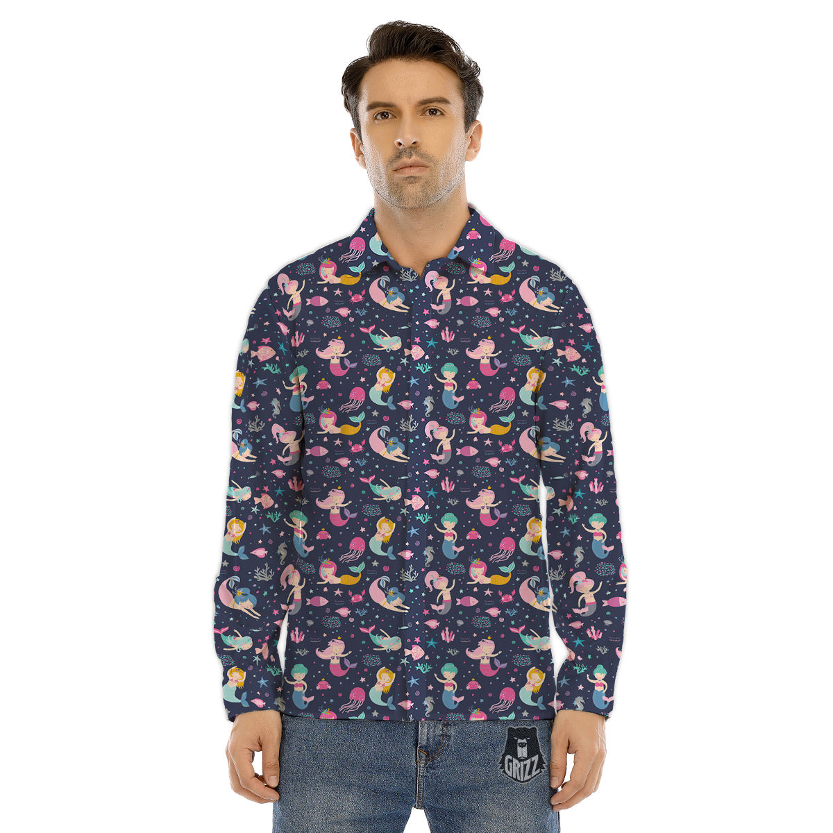 Mermaid Cute Print Pattern Men's Dress Shirts-grizzshop