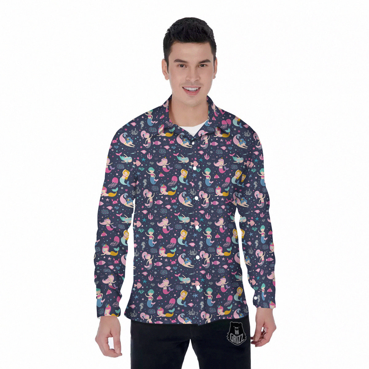 Mermaid Cute Print Pattern Men's Long Sleeve Shirts-grizzshop
