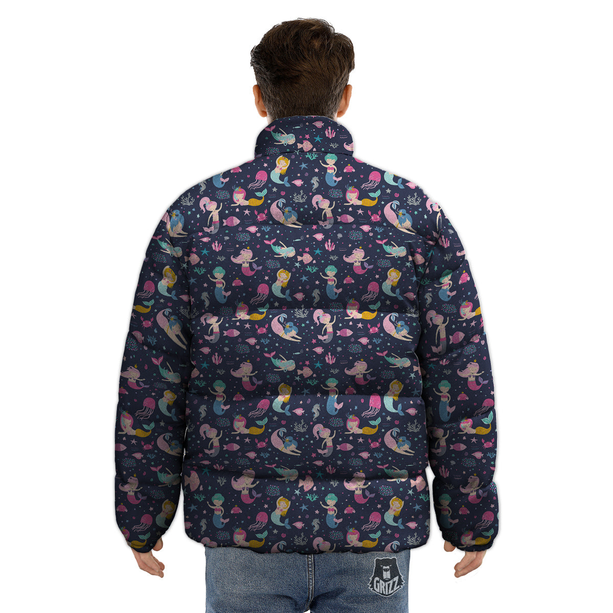 Mermaid Cute Print Pattern Puffer Jacket-grizzshop