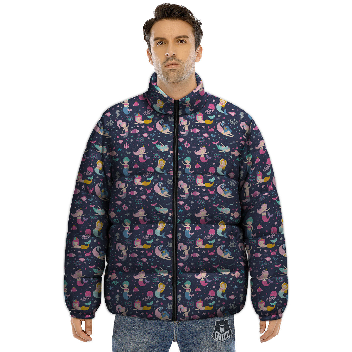 Mermaid Cute Print Pattern Puffer Jacket-grizzshop