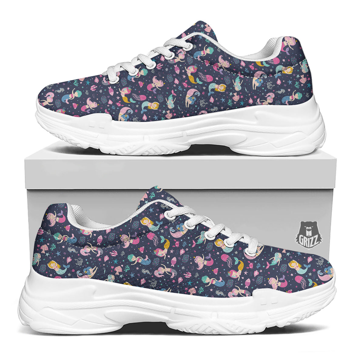 Mermaid Cute Print Pattern White Chunky Shoes-grizzshop