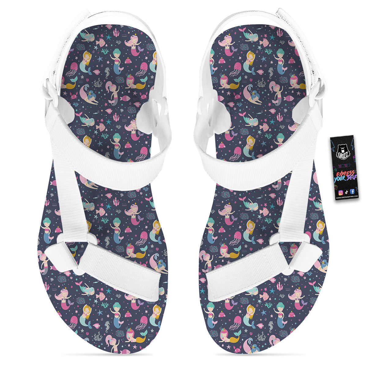 Mermaid Cute Print Pattern White Open Toe Sandals-grizzshop