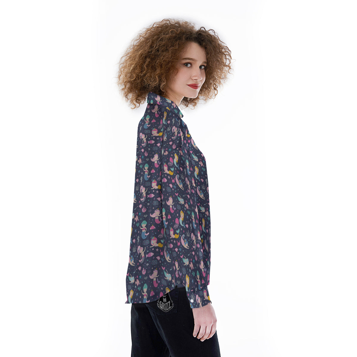 Mermaid Cute Print Pattern Women's Long Sleeve Shirts-grizzshop