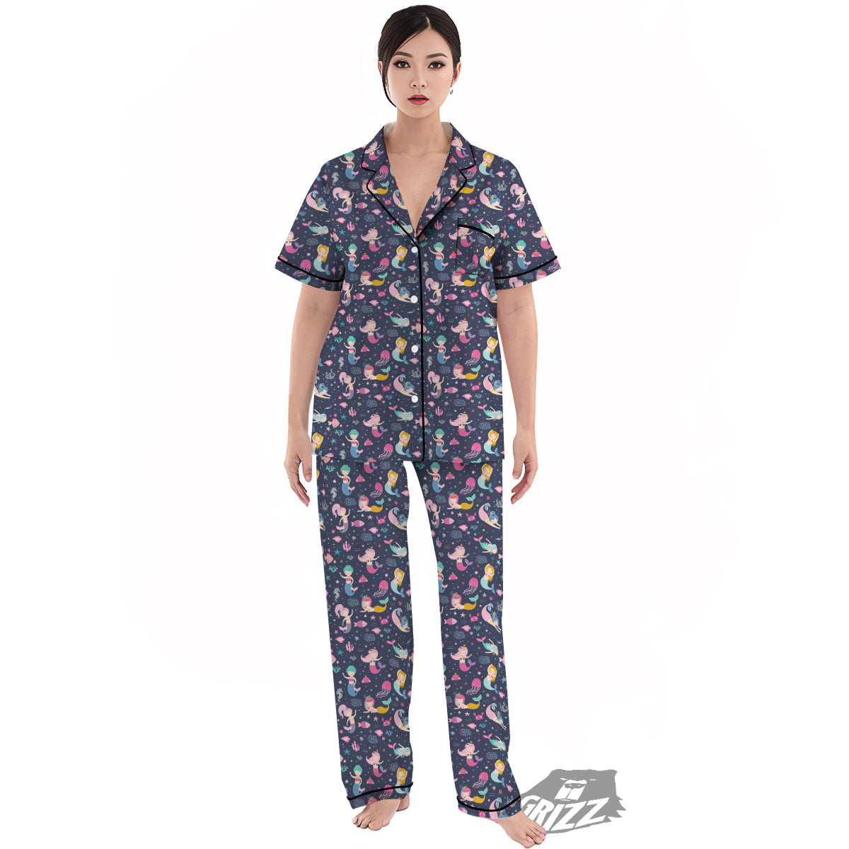 Mermaid Cute Print Pattern Women's Pajamas Set-grizzshop