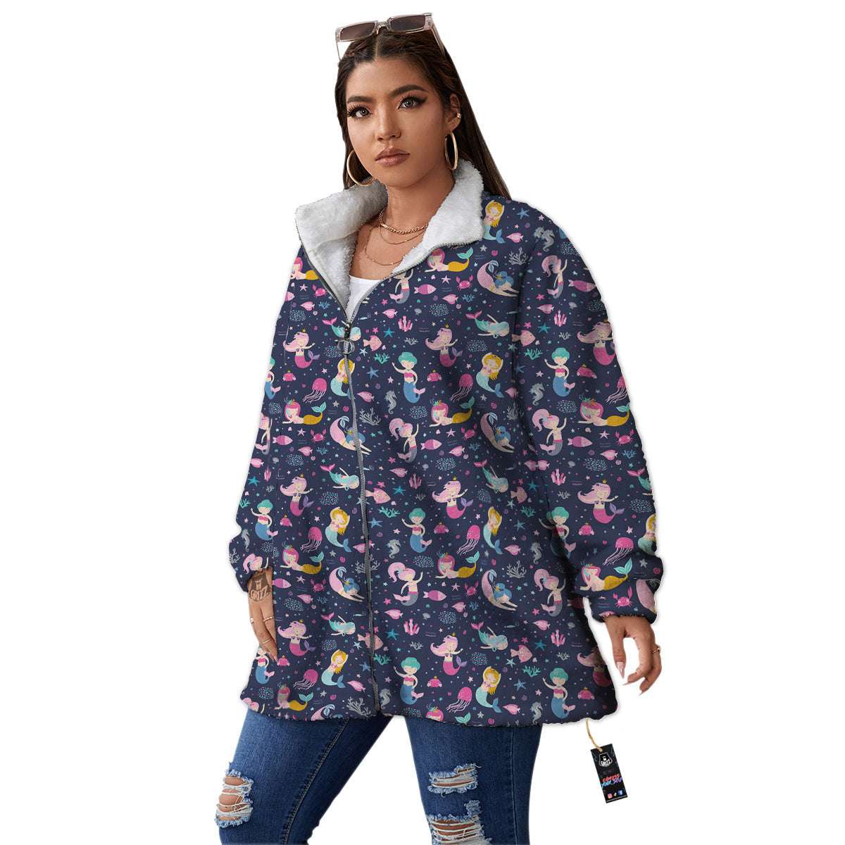 Mermaid Cute Print Pattern Women's Sherpa Jacket-grizzshop