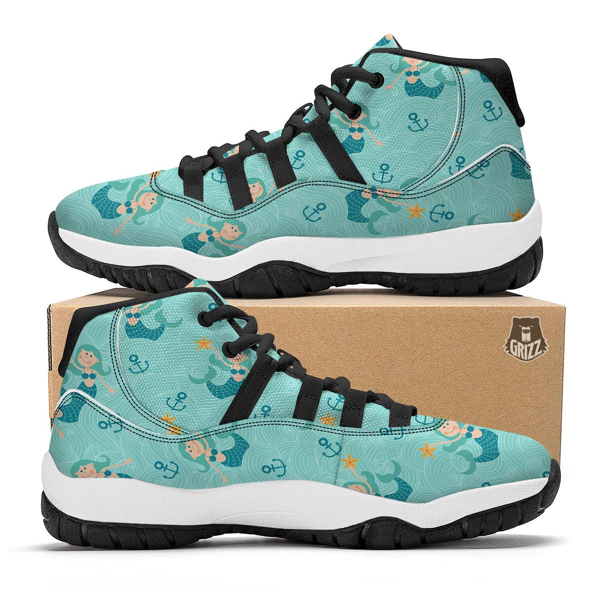 Mermaid Pastel Pattern Print Black Bball Shoes-grizzshop