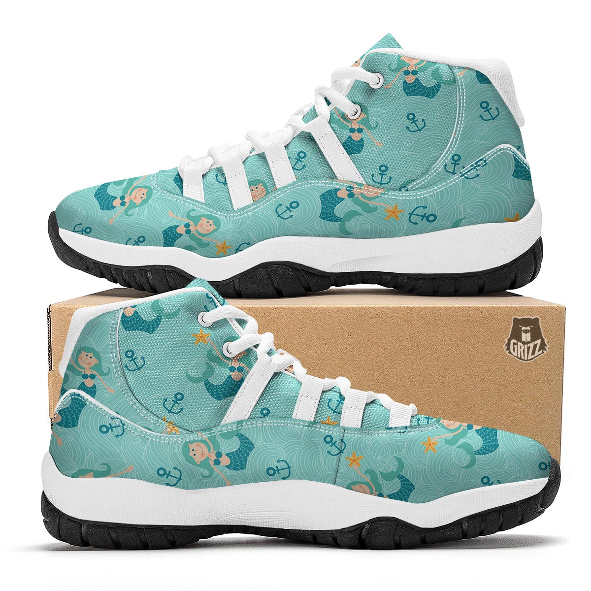 Mermaid Pastel Pattern Print White Bball Shoes-grizzshop