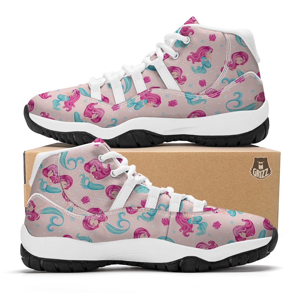 Mermaid Pink Pattern Print White Bball Shoes-grizzshop
