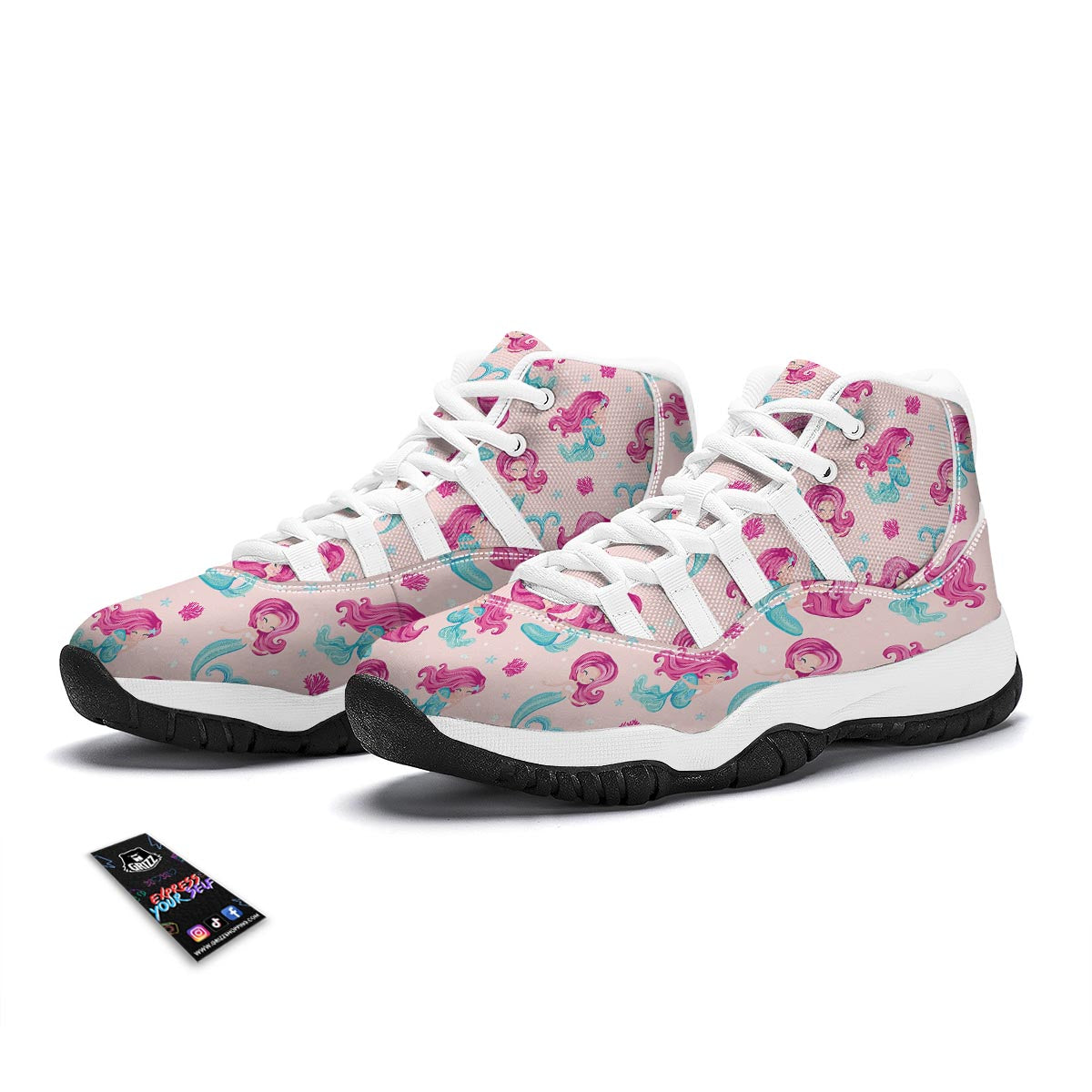 Mermaid Pink Pattern Print White Bball Shoes-grizzshop