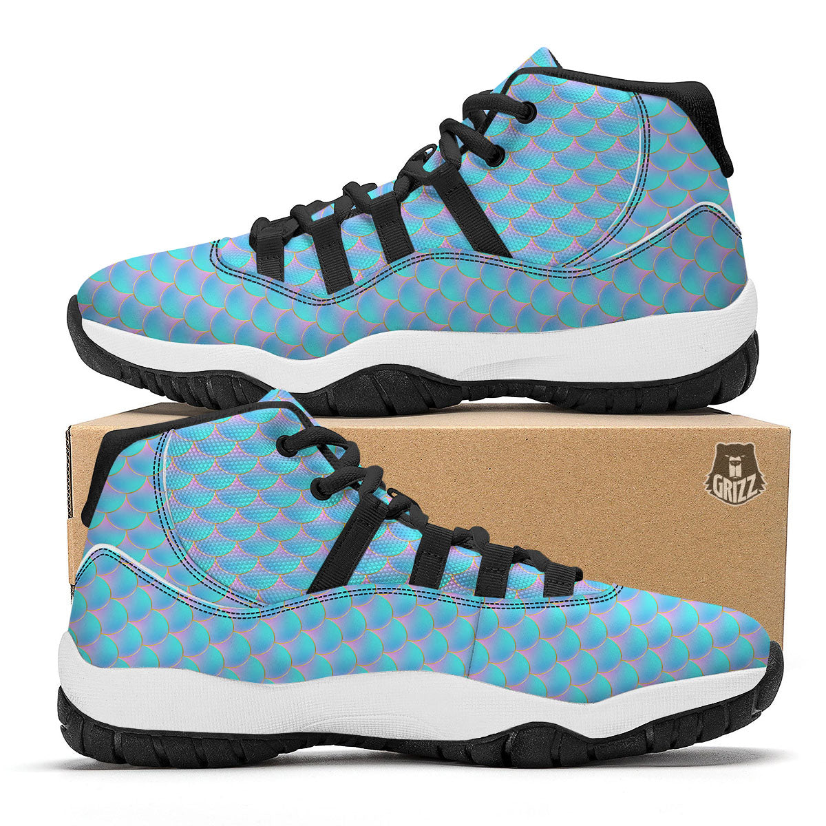 Mermaid Scales Blue Neon Print Pattern Black Bball Shoes-grizzshop