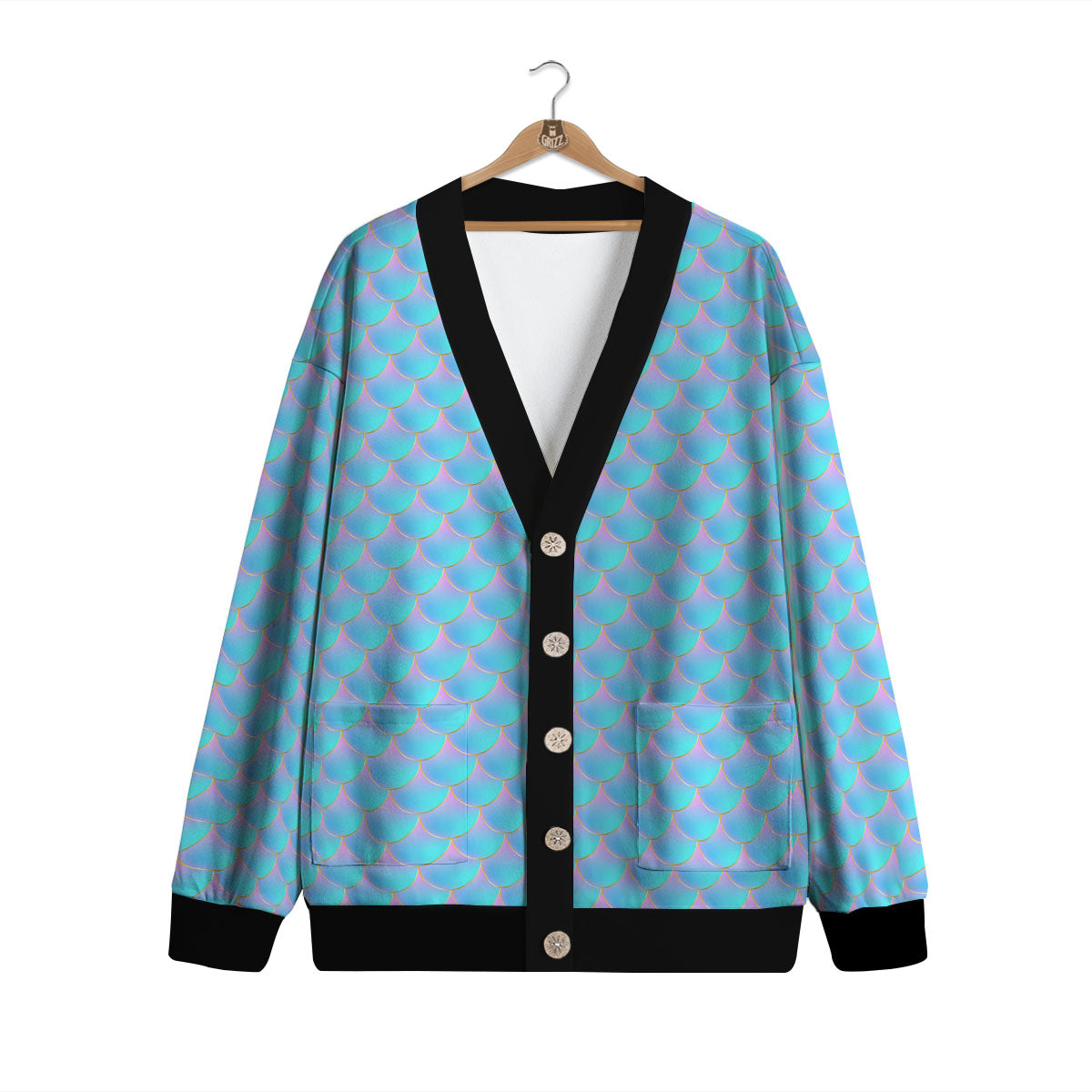 Mermaid Scales Blue Neon Print Pattern Cardigan-grizzshop