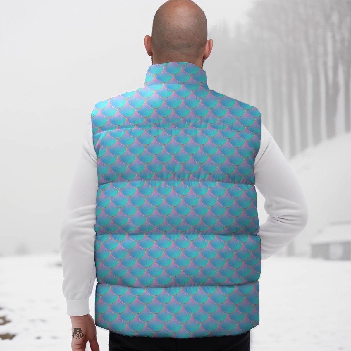 Mermaid Scales Blue Neon Print Pattern Down Vest