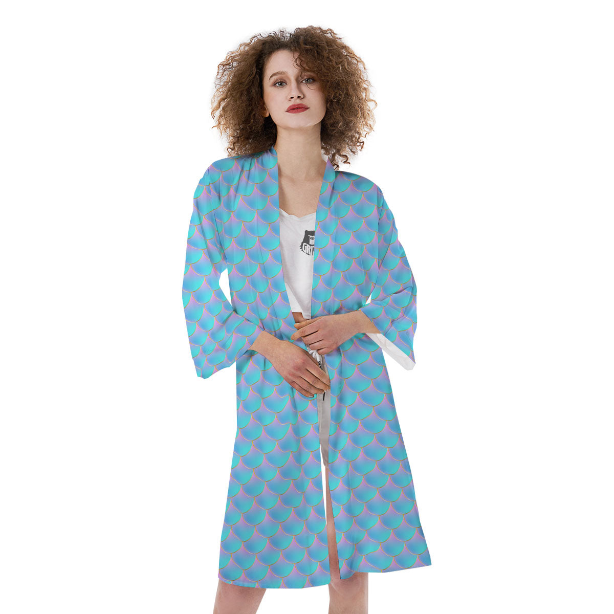 Mermaid Scales Blue Neon Print Pattern Kimono-grizzshop