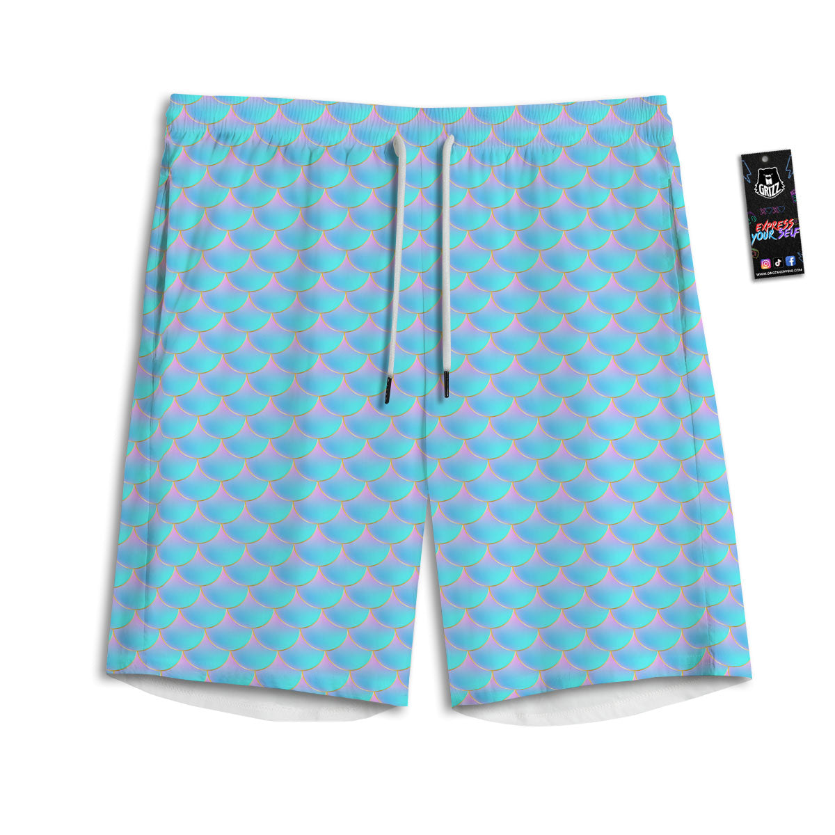 Mermaid Scales Blue Neon Print Pattern Men's Athletic Shorts