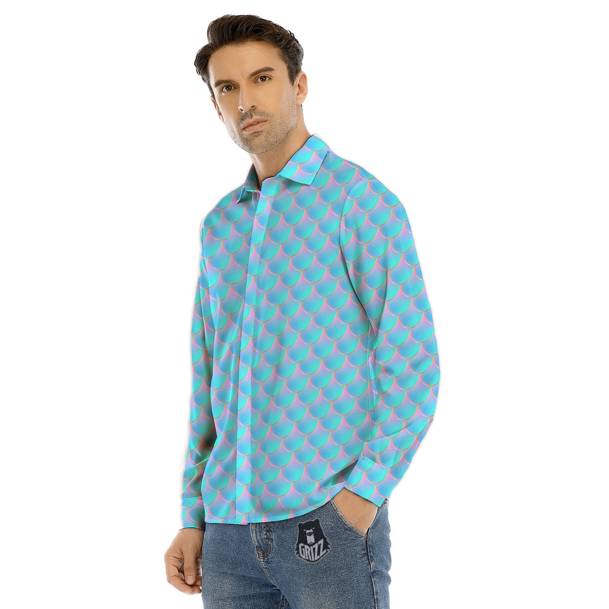 Mermaid Scales Blue Neon Print Pattern Men's Dress Shirts-grizzshop