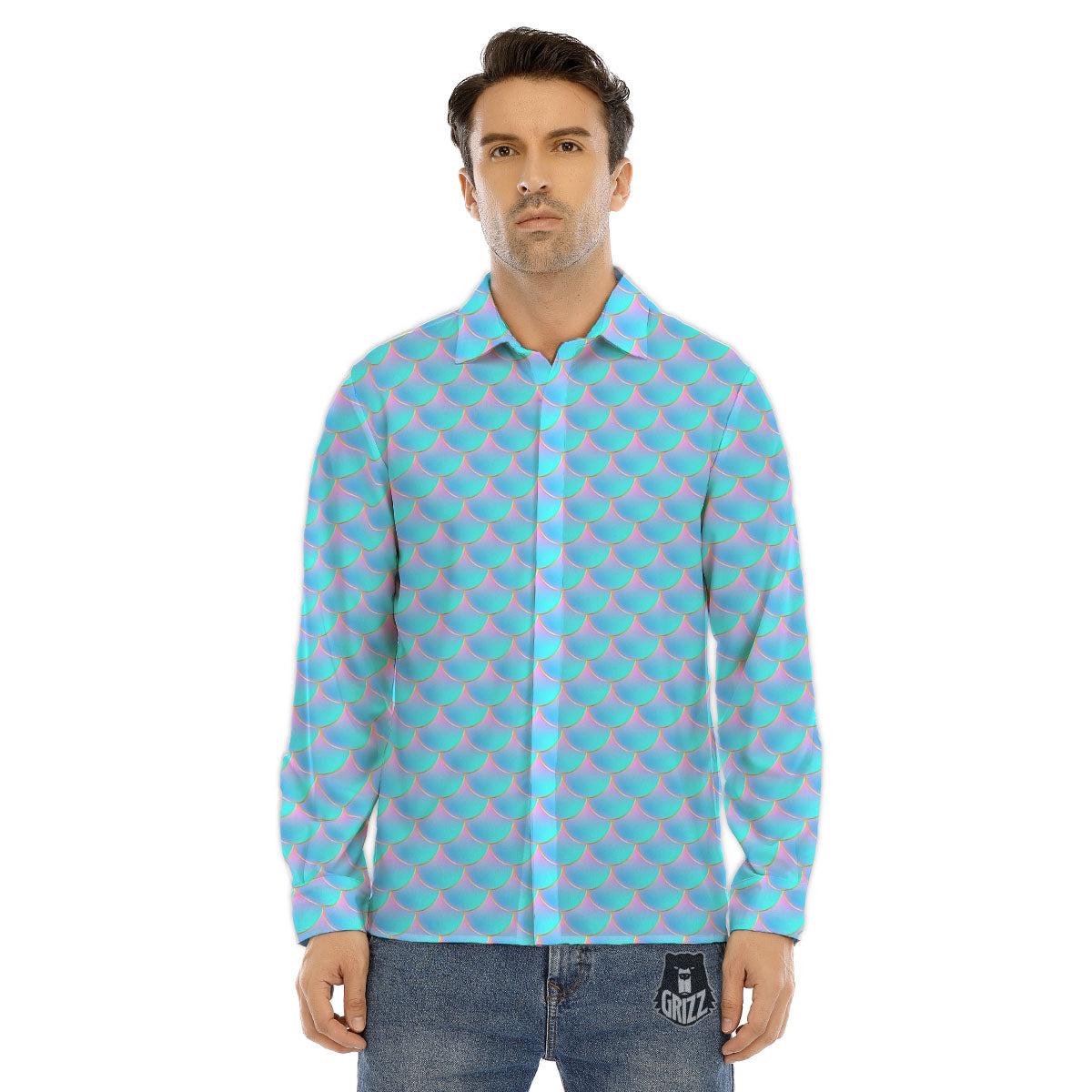 Mermaid Scales Blue Neon Print Pattern Men's Dress Shirts-grizzshop