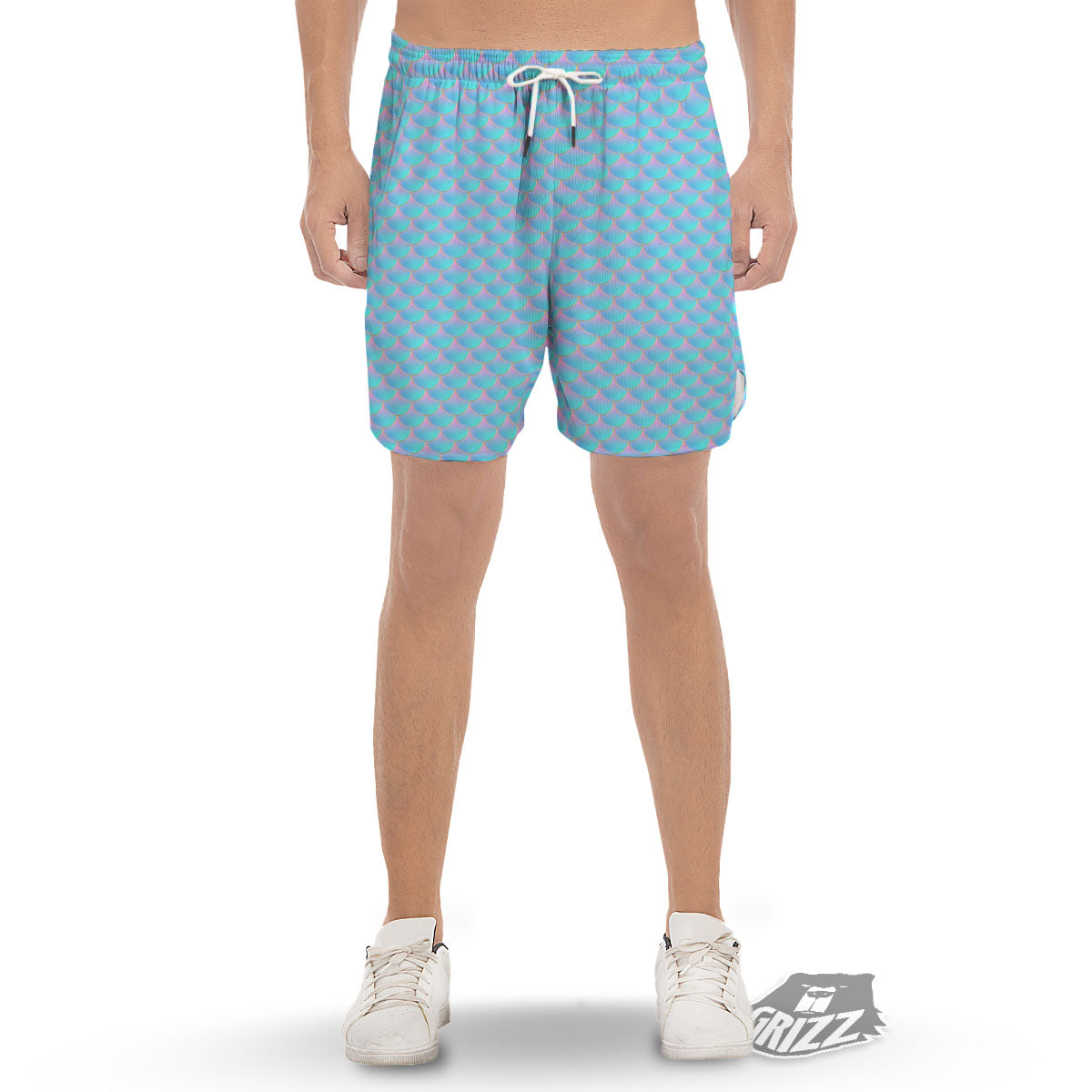 Mermaid Scales Blue Neon Print Pattern Men's Gym Shorts-grizzshop