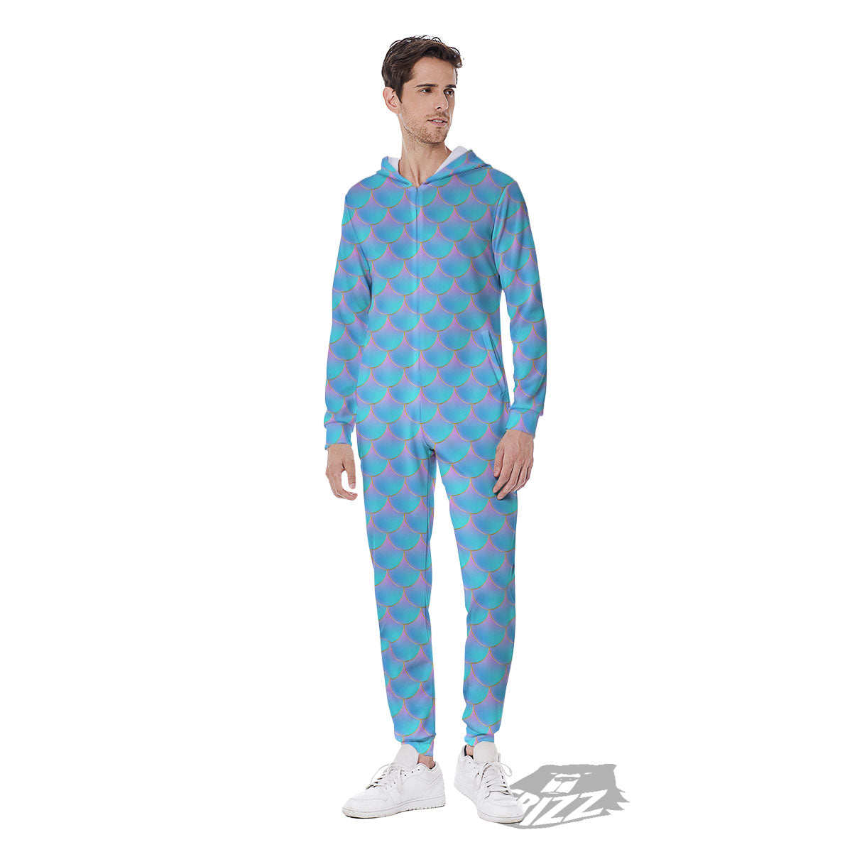 Mermaid Scales Blue Neon Print Pattern Men's Jumpsuit-grizzshop