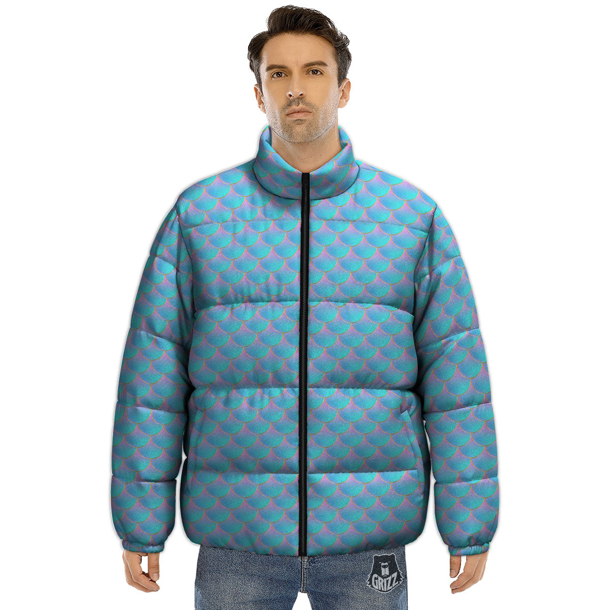 Mermaid Scales Blue Neon Print Pattern Puffer Jacket-grizzshop